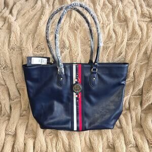 NWT Tommy Hilfiger Women's Blue Tote Bag with red and white stripe retails $128